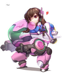Rule 34 | 1girl, ass, bodysuit, brown eyes, brown hair, blowing bubbles, chewing gum, chibi, d.va (overwatch), facial mark, headphones, highres, long hair, looking at viewer, matching hair/eyes, mecha, meka (overwatch), overwatch, overwatch 1, pilot suit, robot, simple background, solo, tracyton, whisker markings, white background
