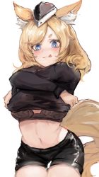 Rule 34 | 1girl, :q, absurdres, animal ear fluff, animal ears, arknights, arms up, black bra, black hat, black shirt, black shorts, blonde hair, blue eyes, blush, bra, breasts, bright pupils, closed mouth, clothes lift, cowboy shot, garrison cap, gnai, hat, highres, horse ears, horse girl, horse tail, lifting own clothes, long hair, long sleeves, looking at viewer, medium breasts, navel, shirt, shirt lift, short shorts, shorts, simple background, smile, solo, swept bangs, tail, thigh gap, tongue, tongue out, underwear, whislash (arknights), white background
