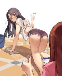 Rule 34 | :&lt;, puff of air, ^^^, absurdres, all fours, artist name, ass, bad id, bad pixiv id, black hair, blush, brown eyes, brown hair, bucket, cellphone, cleaning, closed mouth, cloth, commentary, highres, idolmaster, idolmaster million live!, kneepits, korean text, long hair, looking back, nose blush, nys, on floor, phone, see-through, shirt, short shorts, short sleeves, shorts, smartphone, sparkling eyes, star (symbol), sweat, takayama sayoko, tanaka kotoha, thighs, thumbs up, translation request, v-shaped eyebrows, white background, white shirt