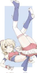 Rule 34 | 1girl, ass, blonde hair, blue eyes, blush, braid, breasts, buruma, cheerleader, closed mouth, commentary request, cup, darjeeling (girls und panzer), erakin, french braid, girls und panzer, highres, holding, holding cup, legs up, looking at viewer, lying, medium breasts, midriff, on back, one eye closed, red buruma, simple background, smile, solo, teacup, thighhighs, white thighhighs