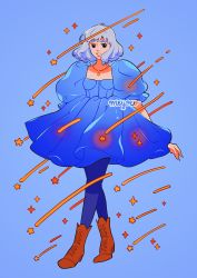 Rule 34 | 1girl, absurdres, black pantyhose, blue background, blue dress, boots, brown footwear, dress, full body, glowing, grey hair, highres, howl no ugoku shiro, jewelry, medium hair, meyoco, necklace, pantyhose, parted lips, puffy short sleeves, puffy sleeves, shadow, shooting star, short sleeves, simple background, smile, solo, sophie (howl no ugoku shiro), standing, star (symbol)