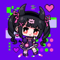 Rule 34 | 1girl, black hair, blunt bangs, commentary, curly hair, demon horns, denonbu, dress, earrings, english commentary, full body, hair ornament, hair ribbon, hand up, heart, heart earrings, highres, horns, jewelry, long hair, looking at viewer, misoni (mi-soni), open mouth, pill, pink ribbon, puffy short sleeves, puffy sleeves, purple background, purple dress, red eyes, reml, ribbon, shoes, short sleeves, smile, solo, standing, twintails, x hair ornament