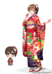 Rule 34 | 1girl, :d, artist name, brown eyes, brown hair, chibi, closed mouth, floral print, full body, furisode, hair ornament, highres, japanese clothes, kenjirohayamiti, kimono, long hair, long sleeves, looking at viewer, multiple views, obi, open mouth, original, red kimono, sandals, sash, shadow, simple background, smile, socks, standing, tabi, white background, white socks, zouri