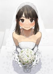 Rule 34 | 1girl, bare shoulders, blush, bouquet, bridal veil, brown eyes, brown hair, closed mouth, collarbone, commentary, douki-chan (douki-chan), dress, elbow gloves, flower, from above, full body, ganbare douki-chan, gloves, highres, looking at viewer, solo, veil, wedding, wedding dress, white dress, white footwear, yomu (sgt epper)