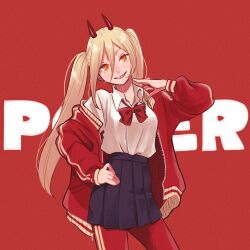 Rule 34 | 1girl, alternate hairstyle, blonde hair, blue skirt, bow, bowtie, chainsaw man, character name, collared shirt, contrapposto, grin, hand on own hip, highres, horns, jacket, long hair, looking at viewer, mogggggge, off shoulder, open clothes, open jacket, orange eyes, pants, pants under skirt, power (chainsaw man), red background, red bow, red bowtie, red jacket, red pants, school uniform, sharp teeth, shirt, skirt, smile, solo, teeth, track jacket, track pants, track suit, twintails, white shirt, wing collar