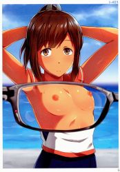 Rule 34 | 10s, 1girl, absurdres, armpits, arms behind back, arms up, blue sky, blue one-piece swimsuit, breasts, brown eyes, brown hair, character name, closed mouth, crop top, dark-skinned female, dark skin, day, expressionless, highres, i-401 (kancolle), kanden sky, kantai collection, looking at viewer, nipples, ocean, one-piece swimsuit, page number, ponytail, pov, scan, school swimsuit, shirt, short hair, sky, small breasts, solo, sweatdrop, swimsuit, upper body, water, white shirt, x-ray, x-ray glasses, x-ray vision