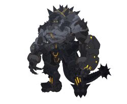 Rule 34 | absurdres, armor, black armor, catball1994, highres, kaijuu, magular (ultraman), mechanization, monster, power armor, shoulder spikes, spiked kneepads, spiked tail, spikes, standing, tail, ultra series, ultraman (1st series), white background, yellow eyes