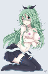 Rule 34 | 10s, 1girl, absurdres, alternate breast size, bad id, bad pixiv id, blush, breasts, green eyes, hair between eyes, hair ribbon, highres, kantai collection, large breasts, long hair, looking at viewer, nipples, ribbon, seiza, sitting, solo, thighhighs, undressing, yamakaze (kancolle), yhogila-q