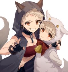 Rule 34 | 1girl, aged down, animal costume, bell, black choker, black hoodie, blunt bangs, blush, breasts, chihara (t1hara), choker, cleavage, collarbone, dual persona, fingerless gloves, gloves, grey hair, grin, highres, hood, hoodie, idolmaster, idolmaster cinderella girls, looking at viewer, medium breasts, nail polish, neck bell, paw pose, red tube top, senzaki ema, sheep costume, short hair, simple background, smile, strapless, tail, tube top, wolf tail, wrist cuffs