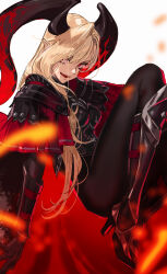 Rule 34 | 1girl, absurdres, armor, armored boots, black bodysuit, black horns, blonde hair, bodysuit, boots, breastplate, cape, embers, facial mark, fang, fate/grand order, fate (series), fire, hair over one eye, hair over shoulder, high heel boots, high heels, highres, horns, legs up, long hair, long horns, looking at viewer, nero claudius (fate), nero claudius (fate) (all), open mouth, pako (pakosun), pointy ears, queen draco (fate), queen draco (third ascension) (fate), red cape, red eyes, simple background, smile, solo, very long hair, white background