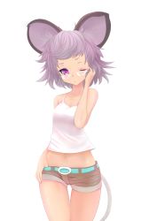 Rule 34 | 1girl, :o, adjusting eyewear, animal ears, belt, bespectacled, casual, collarbone, contemporary, female focus, glasses, gradient eyes, grey hair, ishikkoro, midriff, mouse ears, mouse tail, multicolored eyes, navel, nazrin, one eye closed, purple eyes, red eyes, rimless eyewear, short hair, short shorts, shorts, simple background, solo, tail, tank top, thigh gap, touhou, white background, wink