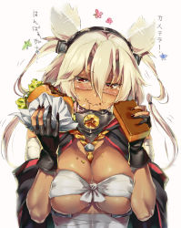 Rule 34 | 10s, 1girl, aida takanobu, blonde hair, blush, breasts, budget sarashi, burger, cake, castella (food), cleavage, commentary request, dark-skinned female, dark skin, eating, expressive hair, fingerless gloves, food, food on face, glasses, gloves, headgear, kantai collection, large breasts, looking at viewer, musashi (kancolle), pointy hair, red eyes, sarashi, smile, solo, translated, two side up, underboob