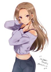 Rule 34 | 1girl, ayame iro (toumei dolce), black straps, brown hair, crop top, denim, earrings, forehead, highres, idolmaster, idolmaster cinderella girls, jeans, jewelry, long hair, looking at viewer, matsunaga ryo, navel, off-shoulder shirt, off shoulder, pants, parted bangs, shirt, simple background, smile, solo, straight hair, v-shaped eyebrows, white background