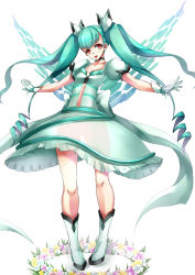 Rule 34 | 1girl, aqua hair, asya, boots, choker, curly hair, dodonpachi, dodonpachi saidaioujou, dress, flower, full body, gloves, hibachi (dodonpachi), highres, long hair, outstretched arms, quad tails, red eyes, smile, solo, spread arms, white background