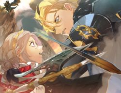 Rule 34 | 1girl, 2boys, armor, arrow (projectile), battle, blonde hair, blue eyes, bow (weapon), cape, claude von riegan, dimitri alexandre blaiddyd, doku gin1126, dragon, edelgard von hresvelg, fighting, fire emblem, fire emblem: three houses, fire emblem warriors, fire emblem warriors: three hopes, hair ornament, highres, holding, long hair, multiple boys, nintendo, open mouth, red cape, tail, weapon, white hair, wings, wyvern