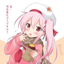 Rule 34 | 1girl, beret, brown scarf, commentary request, flower, food, food on face, hair flower, hair ornament, hair ribbon, harusame (kancolle), hat, kantai collection, long hair, looking at viewer, neckerchief, one-hour drawing challenge, pink hair, pink sweater, plaid, plaid scarf, red eyes, red neckerchief, ribbon, scarf, school uniform, serafuku, shizuna kaede, side ponytail, sleeves past wrists, solo, sweater, sweet potato, translation request, twitter username, two-tone background, upper body