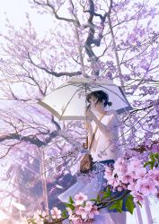 Rule 34 | 1girl, bag, black hair, blue skirt, branch, brown eyes, cherry blossoms, closed mouth, commentary request, day, flower, hair bun, highres, holding, holding umbrella, looking away, mocha (cotton), original, outdoors, pink flower, purple flower, rain, resolution mismatch, shirt, short sleeves, shoulder bag, signature, single hair bun, skirt, smile, solo, source larger, tree, umbrella, white shirt, white umbrella, wide sleeves