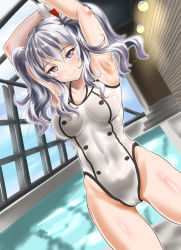 Rule 34 | 10s, 1girl, adapted costume, armpits, breasts, competition swimsuit, kantai collection, kashima (kancolle), kasugano tobari, looking at viewer, one-piece swimsuit, rei no pool, silver hair, smile, solo, swimsuit, twintails, wavy hair