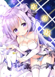 Rule 34 | 1girl, :o, adapted costume, ahoge, azur lane, babydoll, bare shoulders, bed sheet, black bow, black ribbon, blue panties, blush, bow, bow panties, collarbone, commentary request, criss-cross halter, detached sleeves, garter straps, hair between eyes, hair bun, hair ribbon, halterneck, long hair, long sleeves, lying, night, night sky, on side, one side up, panties, parted lips, purple eyes, purple hair, ribbon, side bun, single hair bun, single side bun, sky, sleeves past wrists, solo, star (sky), starry sky, stuffed animal, stuffed pegasus, stuffed toy, stuffed unicorn, stuffed winged unicorn, tenshi china, thighhighs, underwear, unicorn (azur lane), very long hair, white babydoll, white thighhighs, window