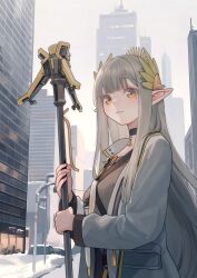 Rule 34 | 1girl, absurdres, arknights, black choker, bracelet, choker, closed mouth, collarbone, commentary request, grey hair, highres, holding, holding staff, infection monitor (arknights), jewelry, long hair, long sleeves, looking at viewer, mole, mole under eye, muelsyse (arknights), orange eyes, pointy ears, solo, staff, welt (kinsei koutenkyoku)