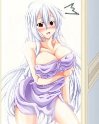 Rule 34 | 1girl, ahoge, bare shoulders, blush, breast hold, breasts, cleavage, large breasts, long hair, misakana, naked towel, open mouth, red eyes, solo, towel, very long hair, vocaloid, wet, white hair, yowane haku