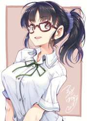 Rule 34 | 1girl, artist name, blouse, breasts, brown hair, dated, glasses, hair ornament, hair scrunchie, large breasts, open mouth, original, ponytail, school uniform, scrunchie, shirt, short sleeves, signature, smile, solo, teeth, tsurugi hagane, white shirt
