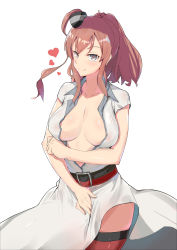 Rule 34 | 1girl, absurdres, arm across waist, belt, blue eyes, blush, breasts, brown hair, character name, cleavage, closed mouth, collarbone, collared dress, covering privates, covering crotch, dress, hair between eyes, hair ornament, head tilt, highres, kantai collection, large breasts, long hair, looking at viewer, nipples, no bra, open clothes, open dress, ponytail, rosehip t72, saratoga (kancolle), see-through, shiny skin, short sleeves, side ponytail, sidelocks, simple background, smile, smokestack, smokestack hair ornament, solo, thighhighs, white background, white dress