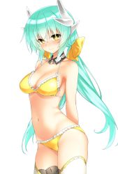 Rule 34 | 1girl, :&gt;, alternate hairstyle, bikini, blush, breasts, closed mouth, collarbone, cowboy shot, detached collar, fate/grand order, fate (series), frilled bikini, frills, from side, hair between eyes, head tilt, highres, horns, kiyohime (fate), kiyohime (swimsuit lancer) (first ascension) (fate), long hair, looking at viewer, medium breasts, navel, simple background, solo, standing, swimsuit, thighhighs, twintails, very long hair, white background, white thighhighs, yellow bikini, yellow eyes