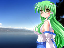 Rule 34 | 1girl, arms at sides, bad id, bad pixiv id, blue skirt, blue sky, blush, breasts, cityscape, cowboy shot, day, detached sleeves, covered erect nipples, female focus, frog hair ornament, green hair, hair ornament, hair tubes, kochiya sanae, large breasts, long hair, looking to the side, mountain, no bra, ocean, photo background, sagano mito, shore, sideboob, skirt, sky, sleeveless, smile, snake hair ornament, solo, touhou, tree, very long hair, water, yellow eyes