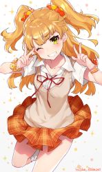 Rule 34 | 10s, 1girl, artist name, blonde hair, bracelet, double v, grin, hair bobbles, hair ornament, idolmaster, idolmaster cinderella girls, jewelry, jougasaki rika, looking at viewer, mika pikazo, one eye closed, pleated skirt, school uniform, signature, skirt, smile, solo, sweater vest, two side up, v