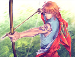 Rule 34 | 1boy, aiming, arm tattoo, arrow (projectile), bow (weapon), drawing bow, foreshortening, frown, gem, harukanaru toki no naka de, harukanaru toki no naka de 2, heian, holding, holding arrow, holding bow (weapon), holding weapon, japanese clothes, kimono, kiske, male focus, outstretched arm, red hair, solo, taira no katsuzane, tattoo, toned, toned male, weapon, yellow eyes