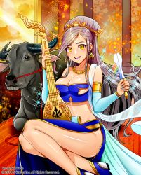 Rule 34 | 1girl, alcoholrang, armlet, bad id, bad pixiv id, breasts, bull, cleavage, detached sleeves, earrings, eyebrows, grey hair, hair ornament, instrument, jewelry, large breasts, legs, long hair, looking at viewer, midriff, nail polish, necklace, open mouth, original, princess, sengoku hime, side slit, sitting, smile, solo, sparkle, underboob, yellow eyes