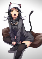 Rule 34 | 1girl, animal ear fluff, animal ears, baseball cap, black footwear, black hair, black shorts, black thighhighs, breasts, brown eyes, cat ears, cat girl, cat tail, fu-ta, goggles, goggles around neck, grey hair, grey sweater, hair between eyes, hat, long hair, long sleeves, looking at viewer, multicolored hair, open mouth, original, pillow, ribbed sweater, shoes, short shorts, shorts, sitting, slit pupils, small breasts, solo, sweater, tail, thighhighs, white hat