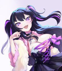 Rule 34 | 1girl, akuru (666), belt collar, black collar, black dress, black hair, bow, breasts, cleavage, collar, cross-laced clothes, cross-laced dress, dress, eyelashes, feather boa, highres, large breasts, long hair, moon momo, multicolored hair, open mouth, purple bow, purple eyes, purple hair, second-party source, solo, streaked hair, twintails, virtual youtuber, vlyz, wing hair ornament