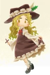 Rule 34 | 1girl, black footwear, blonde hair, blush, bobby socks, brown hat, brown vest, chamaji, chibi, closed mouth, collared shirt, commentary request, cross, fedora, frilled hat, frilled skirt, frills, full body, hat, hat feather, highres, holding, holding cross, jacket girl (dipp), juliet sleeves, long hair, long sleeves, looking at viewer, mary janes, puffy sleeves, red ribbon, ribbon, shirt, shoes, simple background, skirt, skirt hold, smile, socks, touhou, very long hair, vest, wavy hair, white background, white socks, wide sleeves, yellow eyes