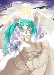Rule 34 | 1girl, aqua eyes, aqua hair, bad id, bad pixiv id, breasts, cleavage, dress, elbow gloves, flower, gloves, hair flower, hair ornament, hair ribbon, hand on another&#039;s chest, hand on own chest, hatsune miku, highres, large wings, long dress, long hair, looking at viewer, medium breasts, microphone, microphone stand, ribbon, solo, twintails, vocaloid, white dress, wings, yuran