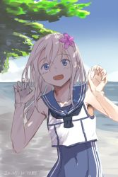 Rule 34 | 1girl, arms up, beach, blush, breasts, collarbone, crop top, dated, day, flower, hair flower, hair ornament, kantai collection, kawashina (momen silicon), long hair, looking at viewer, nontraditional school swimsuit, one-piece swimsuit, open mouth, outdoors, ro-500 (kancolle), sailor collar, school swimsuit, smile, solo, swimsuit, tree