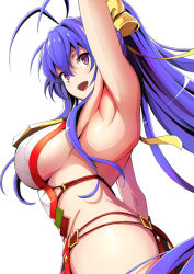 Rule 34 | 1girl, :d, antenna hair, armpits, arms up, backless outfit, blazblue, bow, breasts, from below, from side, hair between eyes, hair ribbon, halterneck, long hair, lowleg, lowleg pants, mai natsume, open mouth, pants, purple eyes, purple hair, revealing clothes, ribbon, sayoi, sideboob, smile, very long hair, yellow bow