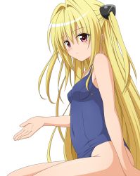 Rule 34 | 10s, 1girl, blonde hair, blue one-piece swimsuit, blush, breasts, colorized, covered navel, female focus, hair between eyes, hair intakes, highres, konjiki no yami, long hair, one-piece swimsuit, red eyes, school swimsuit, shige (moe-ren.net), sitting, small breasts, solo, swimsuit, thighs, to love-ru, to love-ru darkness, transparent background, twintails, two side up, very long hair, yabuki kentarou