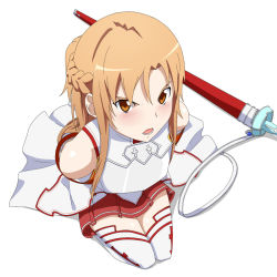 Rule 34 | 10s, 1girl, angry, armor, arms behind back, asuna (sao), bare shoulders, blush, breastplate, brown eyes, brown hair, detached sleeves, kneeling, long hair, looking up, open mouth, skirt, solo, sword, sword art online, thighhighs, weapon, white thighhighs, yoshida keiji
