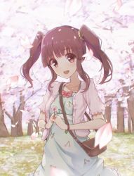 Rule 34 | 1girl, bag, blurry, bow, bracelet, brown eyes, brown hair, cherry blossoms, cherry print, clover, depth of field, dress, food print, four-leaf clover, green dress, handbag, highres, idolmaster, idolmaster cinderella girls, jacket, jewelry, looking at viewer, ogata chieri, ootani tooru, outdoors, own hands together, pink jacket, red bow, solo, standing, twintails