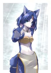 Rule 34 | 1girl, :3, animal ear fluff, animal ears, animal nose, aqua eyes, arm up, bandeau, bare shoulders, blue background, blue fur, blue hair, body fur, border, breasts, circlet, claws, cleavage, closed mouth, collarbone, cowboy shot, crystal, female focus, fox ears, fox girl, furry, furry female, gem, gold, green gemstone, hairband, happy, highres, jewelry, krystal, leg tattoo, light rays, loincloth, looking at viewer, namagaki yukina, navel, necklace, nintendo, outside border, reaching, reaching towards viewer, red gemstone, short hair, simple background, small breasts, smile, snout, solo, standing, star fox, star fox adventures, stomach, tattoo, tribal, two-tone fur, white border, white fur, yellow hairband