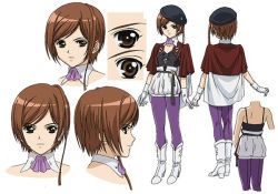 Rule 34 | 1girl, ascot, belt, brown eyes, brown hair, concept art, expressionless, looking at viewer, lydia (tytania), multiple views, pantyhose, purple pantyhose, skirt, standing, tytania, white skirt