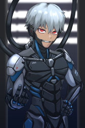 Rule 34 | 1boy, armor, cable, commission, cyborg, grey hair, grin, hand on own hip, highres, looking at viewer, original, red eyes, science fiction, skeb commission, smile, solo, sunao (70 the)