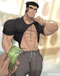 Rule 34 | 2boys, abs, absurdres, artist name, bara, black hair, blurry, blurry background, bulge, clothes lift, highres, kaito (kaitobaras), looking at another, lucas lee, male focus, manly, mature male, money, multiple boys, muscular, muscular male, neck tattoo, nipples, one eye closed, pants, pectorals, scott pilgrim (series), scott pilgrim takes off, shirt, shirt lift, short hair, signature, smirk, t-shirt, tattoo, teeth, thick arms, thick eyebrows, tight clothes, track pants