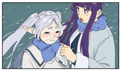 2girls black_border blue_scarf blunt_bangs blush border closed_eyes commentary earrings fern_(sousou_no_frieren) frieren grey_hair handkerchief highres holding holding_handkerchief jewelry long_hair long_sleeves multiple_girls nose_blush ojipon open_mouth pointy_ears purple_eyes purple_hair runny_nose scarf snot snow sousou_no_frieren symbol-only_commentary twintails upper_body very_long_hair