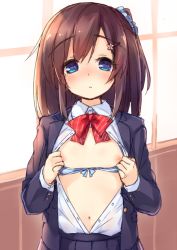 Rule 34 | 1girl, blazer, blue eyes, blush, bra, bra pull, brown hair, character request, clothes pull, copyright request, flat chest, front-tie top, hair ornament, hairclip, jacket, long hair, looking at viewer, mokoke, navel, nipples, open clothes, open shirt, shirt, side ponytail, solo, underwear, white bra