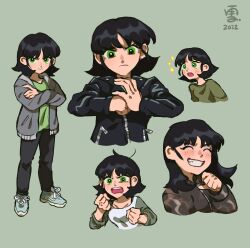 Rule 34 | 1girl, 2022, aged up, black hair, black jacket, black pants, blue footwear, blush, breasts, brown jacket, buttercup (ppg), clenched hands, closed eyes, closed mouth, collarbone, collared jacket, commentary, cosmosully, crossed arms, english commentary, eyeshadow, full body, green background, green eyes, green jacket, green shirt, green sweater, grey hoodie, hand up, hands up, highres, hood, hoodie, jacket, long sleeves, looking at viewer, looking to the side, makeup, medium breasts, open clothes, open hoodie, open jacket, open mouth, pants, powerpuff girls, purple eyeshadow, shirt, shoes, short hair, simple background, smile, sneakers, solo, sparkle, standing, sweater, t-shirt, tank top, teeth, tongue, upper body, v-shaped eyebrows, white tank top, zipper