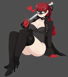 Rule 34 | 1girl, breasts, cleavage, highres, jinu (jinusenpai), large breasts, leotard, mask, persona, persona 5, red hair, smile, solo, sword, thick thighs, thighs, weapon, yoshizawa kasumi