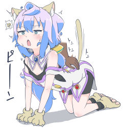Rule 34 | 1boy, animal ears, bike shorts, blue eyes, blue hair, blush, cat ears, cat tail, gingnang69, hacka doll, hacka doll 3, long hair, male focus, open mouth, shorts, solo, sweat, tail, trap, white background